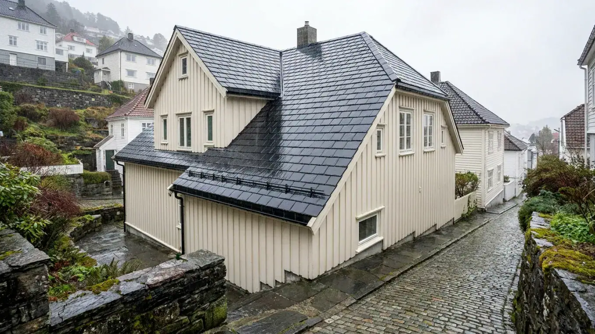 Et oversiktsbilde av et klassisk bergenshus med ny, mørk takstein i et regnfullt nabolag