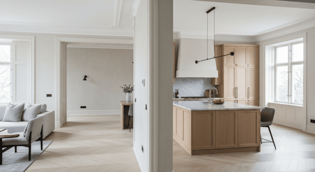 Innendørs bilde av et oppussingsprosjekt i Bergen, med moderne kjøkken og stue, perfekt for oppussingstjenester i Bergen. Visuell inspirasjon for oppussing av hjem.