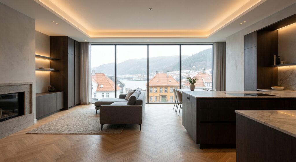Elegant og moderne stue med store vinduer som gir utsikt over Bergen, perfekt for oppussing og oppgradering av hjemmet ditt. Eksklusiv design og funksjonalitet.
