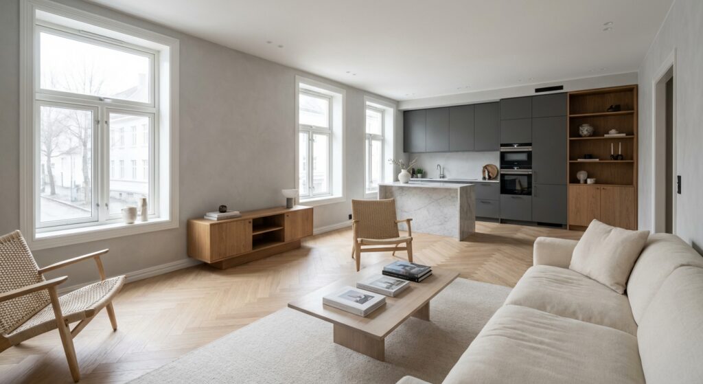 Elegant stue med store vinduer, moderne interiør og komfortabel sofa, perfekt for oppussing og oppgradering i Bergen.
