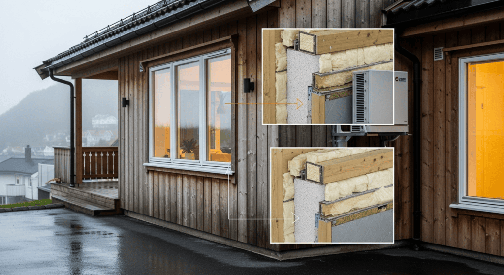 Utvendig oppussing av trehus i Bergen med fokus på isolasjon og vedlikehold, viser detaljer av isolasjonsmaterialer og oppussingsprosessen for forbedret energieffektivitet.