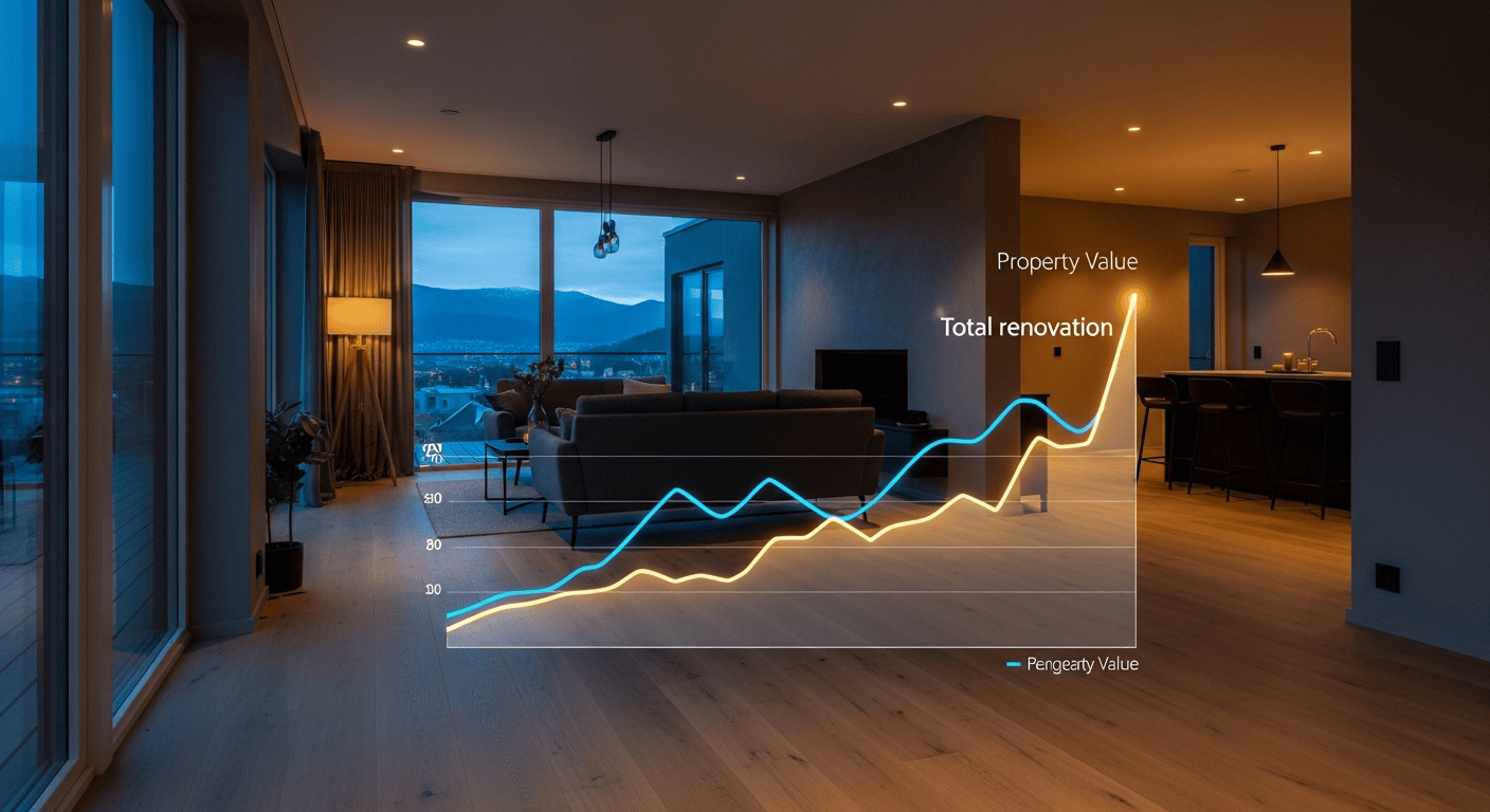 Elegant stue med store vinduer, moderne interiør og utsikt over fjellene, perfekt for oppussing og renovering i Bergen.