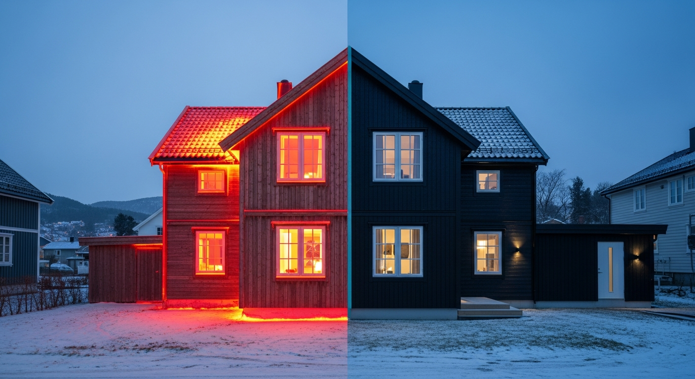 En illustrasjon som viser varmetap i et gammelt hus versus et totalrenovert hus med moderne isolasjon