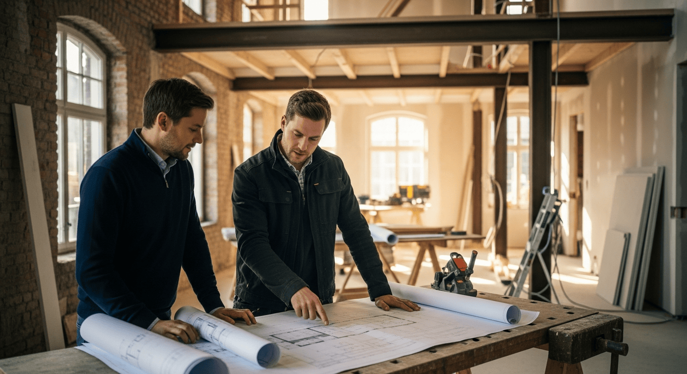 En gruppe byggingeniører vurderer arkitektoniske planer i et lyst, industrielt interiør for oppussing av boliger i Bergen.