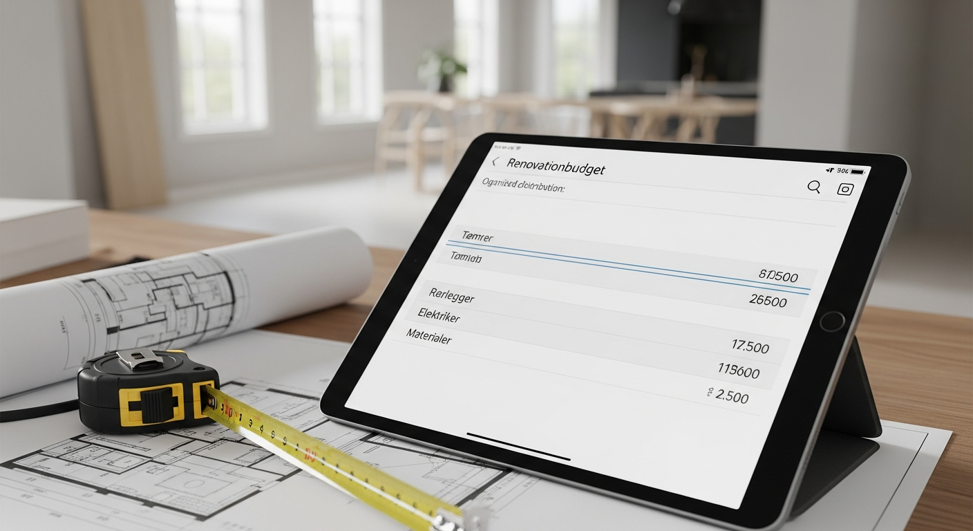 Et detaljert budsjettskjema som viser fordelingen av kostnader mellom rørlegger, elektriker, tømrer og materialer