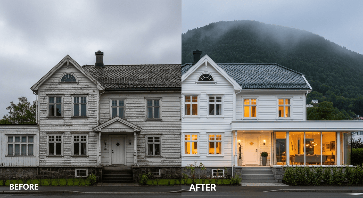 Et før- og etterbilde av en klassisk bergensbolig som har gjennomgått en utvendig og innvendig totalrenovering
