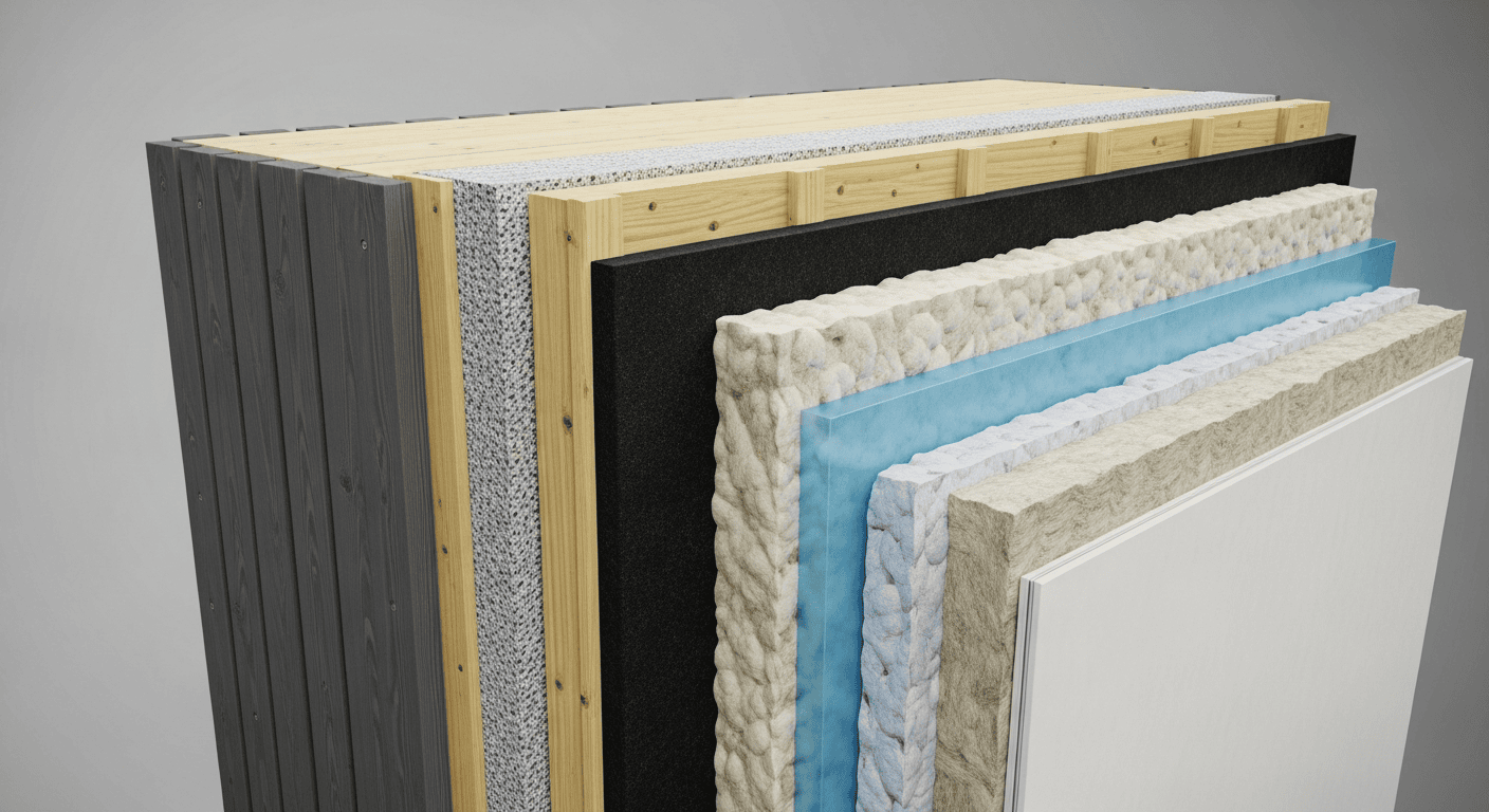 Et tverrsnitt av en vegg som viser moderne isolering, fuktsperre og kledning i henhold til TEK17-standard