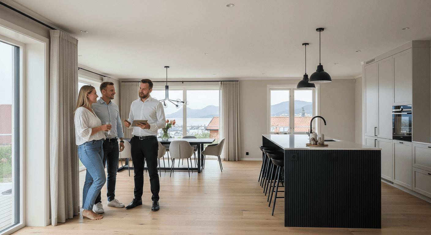 Bildet viser et moderne kjøkken og stue i et oppussingsprosjekt i Bergen, med tre personer som diskuterer planlegging og design i et lyst og romslig hjem.