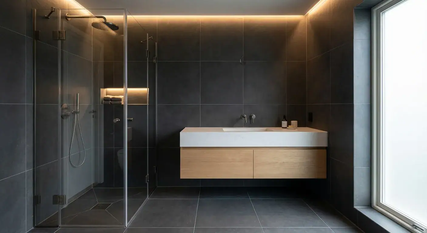 Elegant bad med dusjhjørne og moderne servant, perfekt for oppussing i Bergen. Oppgrader badet ditt med stil og funksjonalitet.