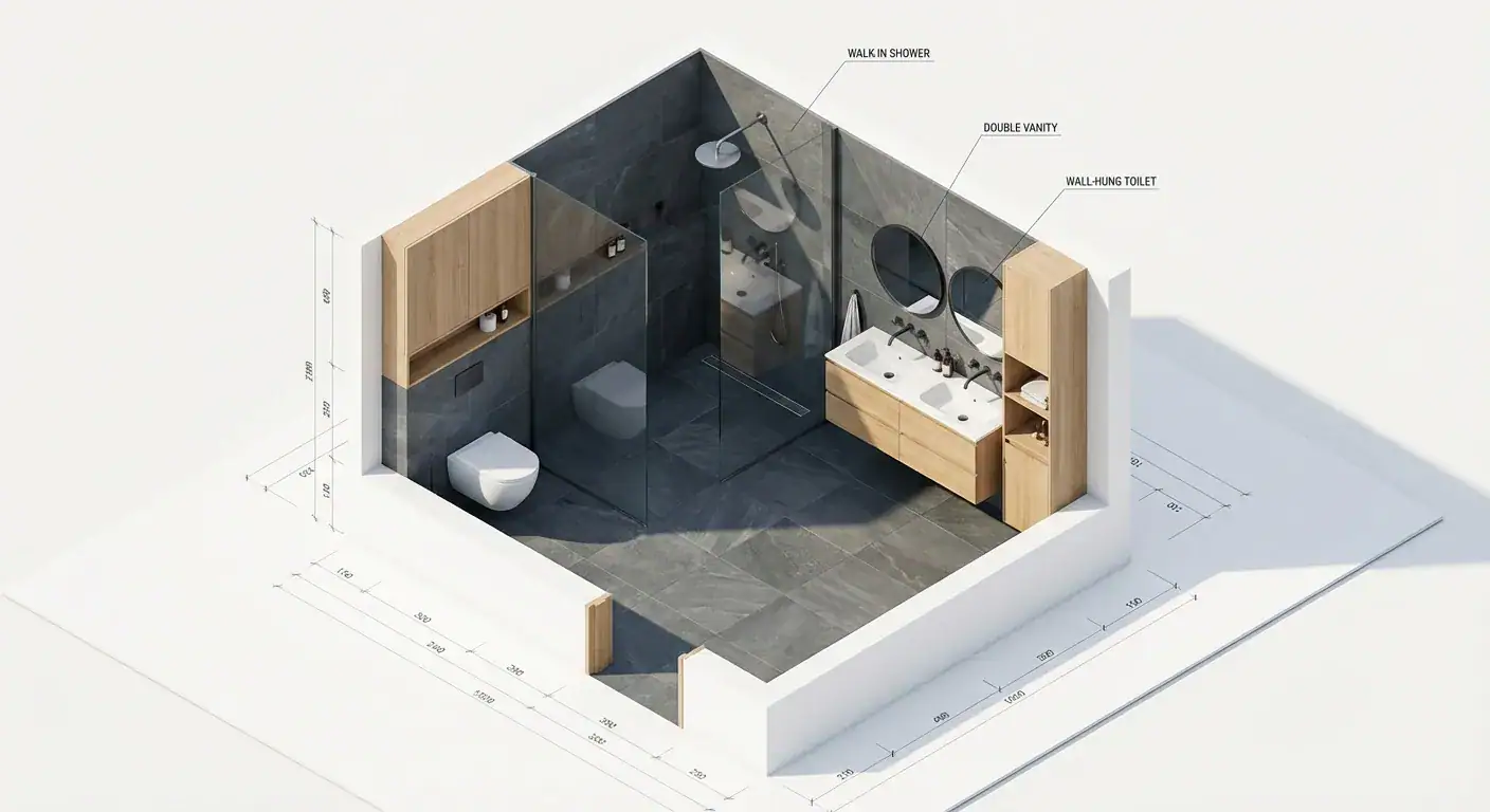 Elegant badrom med dusj, servant og oppbevaringsløsninger for oppussing Bergen.