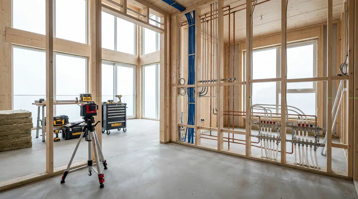 Et moderne bilde av en leilighet under renovering med fokus på åpne vegger og tekniske installasjoner