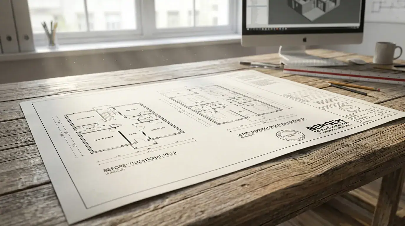 En tegning som viser før- og etter-planløsning av en moderne enebolig