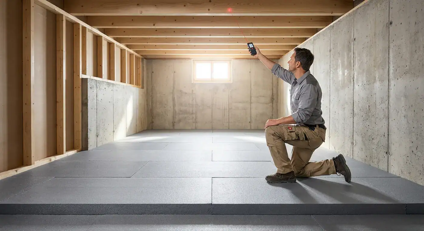 En faglært håndverker som måler takhøyden i en nylig utgravd kjeller med synlig isolasjon i gulvet