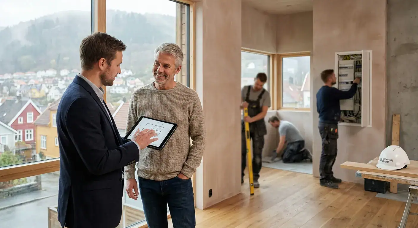 En oversiktlig illustrasjon som viser en kunde som snakker med én prosjektleder, som igjen koordinerer alle ulike håndverkere.