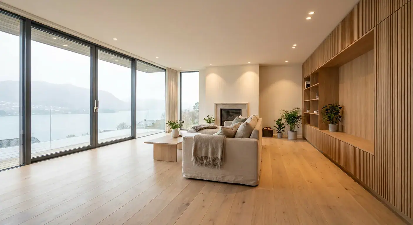 Et bilde av et lyst og åpent interiør med fokus på store vindusflater og naturlige materialer