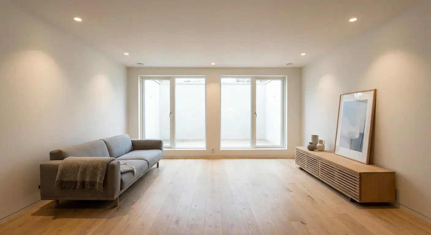 Et lyst og moderne kjellerrom med store vinduer, parkettgulv og integrert belysning