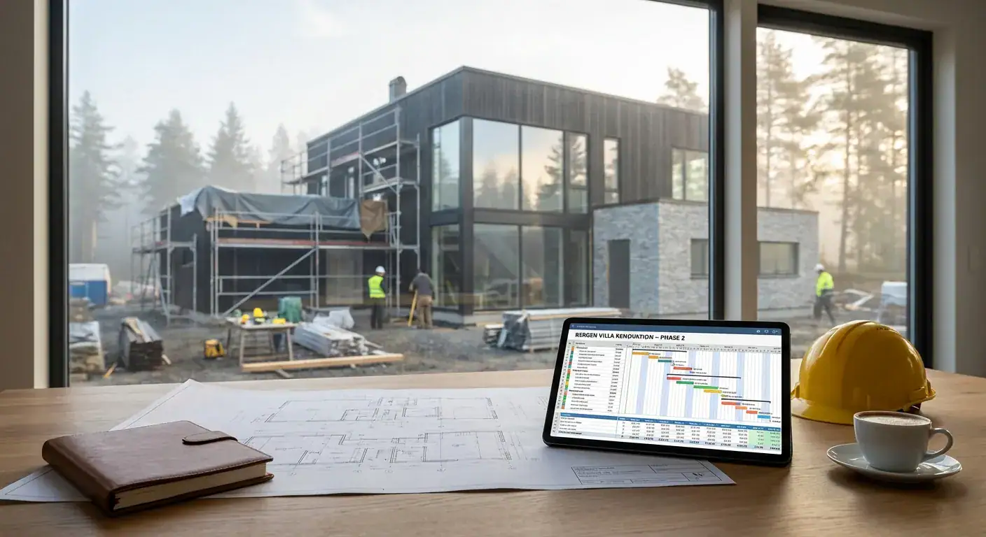 Et bilde av en profesjonell prosjektplan som viser tidslinjer og budsjettposter ved siden av en moderne bolig.