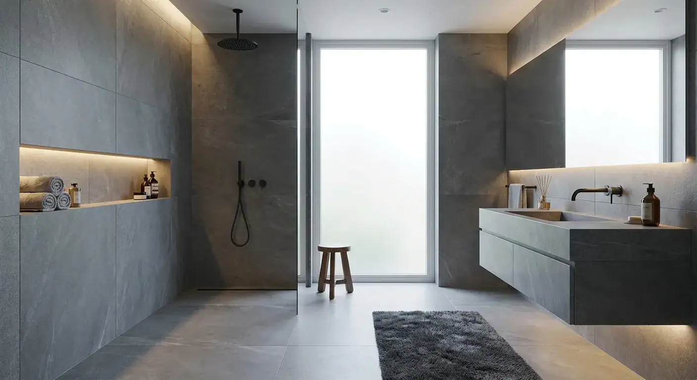 Et romslig og moderne bad med store grå fliser, naturlig lys fra store vinduer, dusjhjørne, vask og speil, perfekt for oppussing i Bergen.