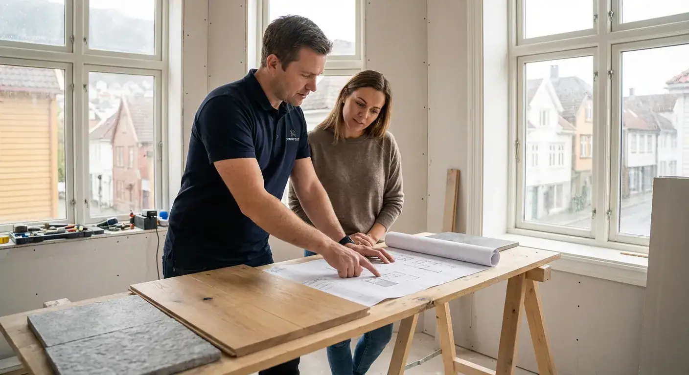 En prosjektleder fra Oppussing Bergen AS som går gjennom tegninger med en kunde i en leilighet