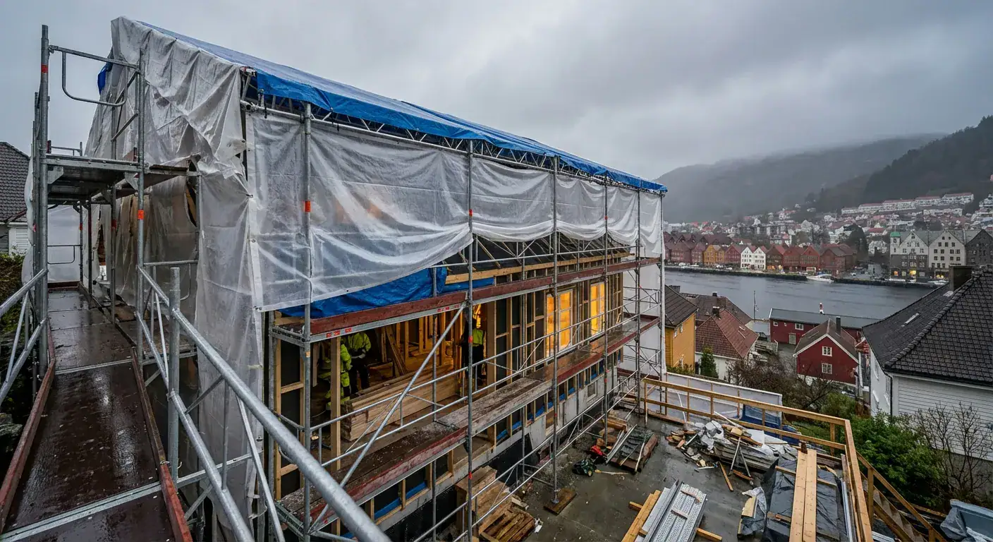 Et bilde av et renoveringsprosjekt i Bergen med utsikt over byen, som viser stillas og tildekking mot regn.