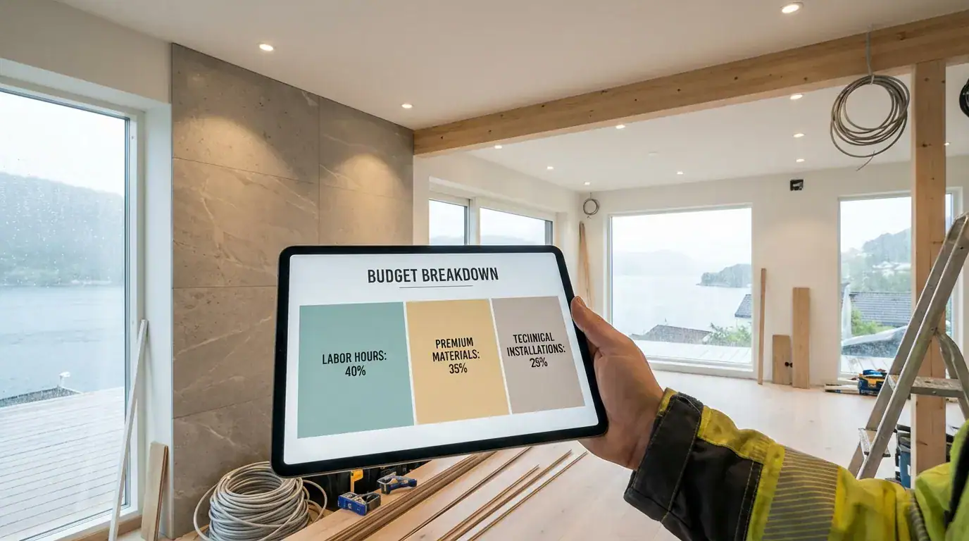 Bilde av en person som viser en digital budsjettoversikt for oppussing i et lyst, moderne hjem med store vinduer og utsikt over fjorden.