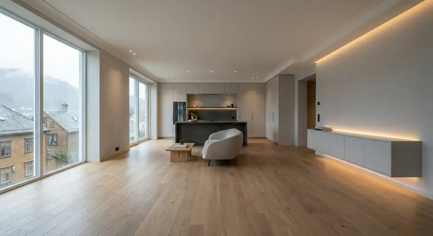 Et oversiktsbilde av en ferdigstilt, moderne leilighet i Bergen med høy kvalitet på finish