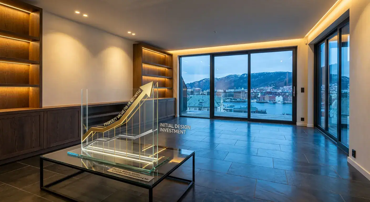 Et diagram som viser korrelasjonen mellom designinvestering og boligens verdiutvikling over 10 år