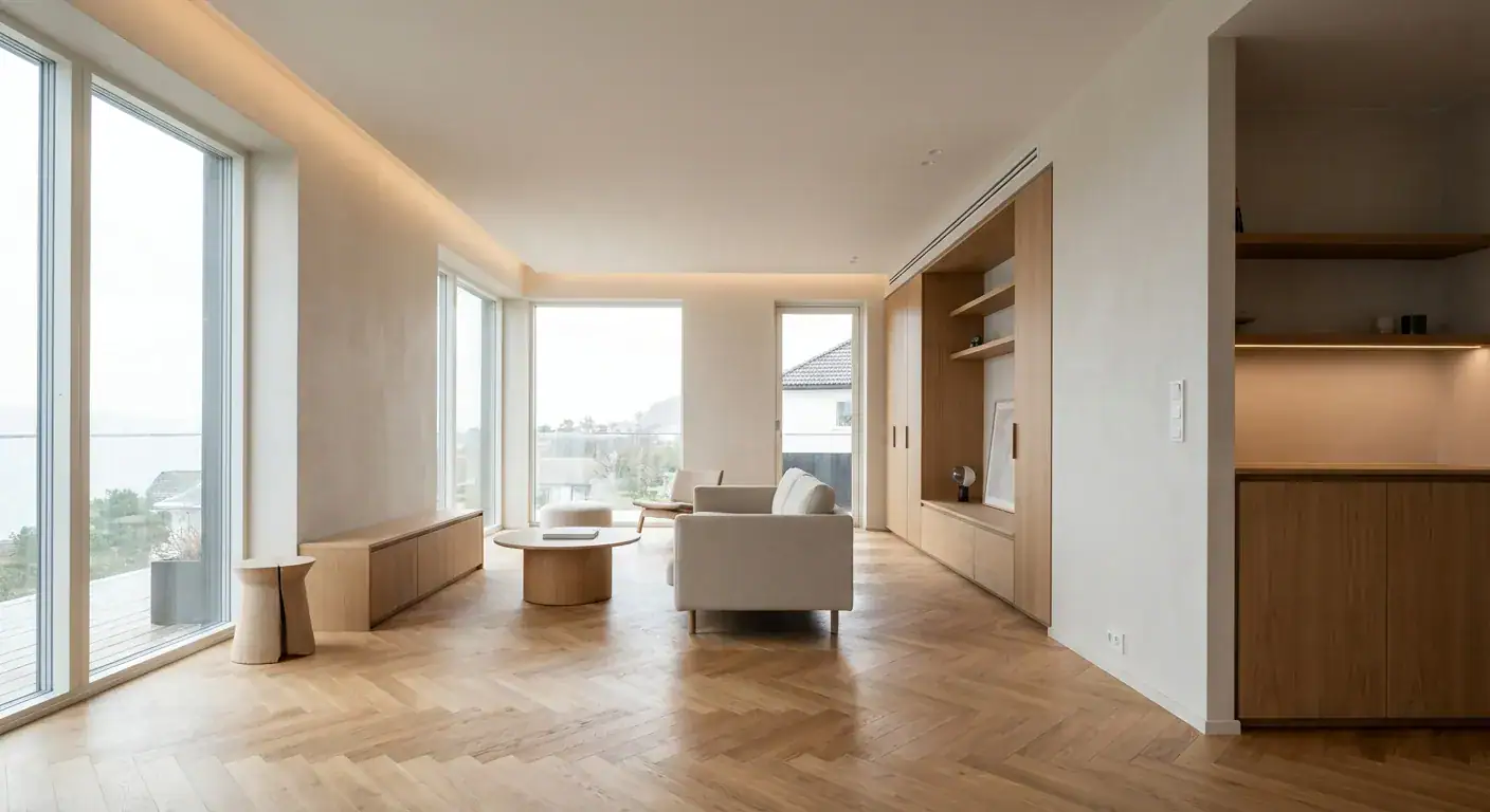 Elegant stue med store vinduer, lyst treverk og moderne interiør, perfekt for oppussing og oppgradering i Bergen.