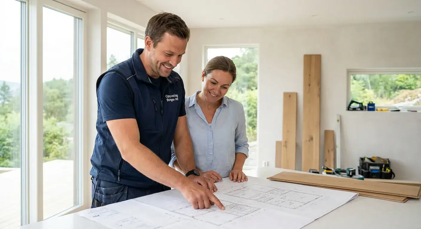 Bilde av to personer som planlegger oppussing i et lyst og moderne hjem, med fokus på kvalitetsarbeid og ekspertise innen oppussingstjenester i Bergen.
