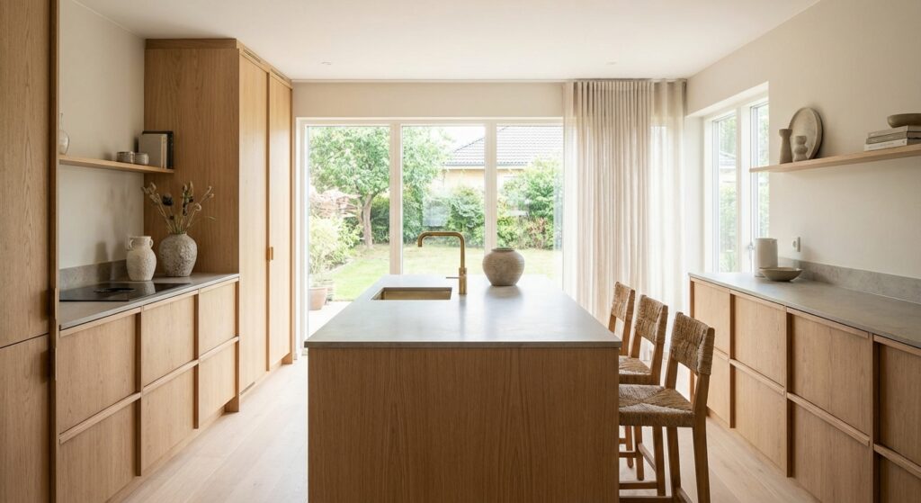 Elegant kjøkken med lyst treverk og store vinduer for godt dagslys.