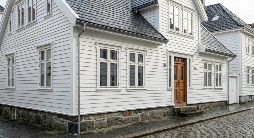 Tradisjonelt hvitmalt hus i Bergen med oppussingsarbeid, ny dør og oppgradering av fasaden, perfekt for å forbedre hjemmets utseende og verdi.