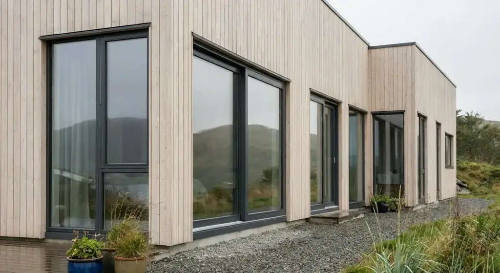 Moderne trehus i Bergen med store vinduer, perfekt for oppussing og oppgradering av boligen. Ideell for å forbedre hjemmets estetikk og funksjonalitet.