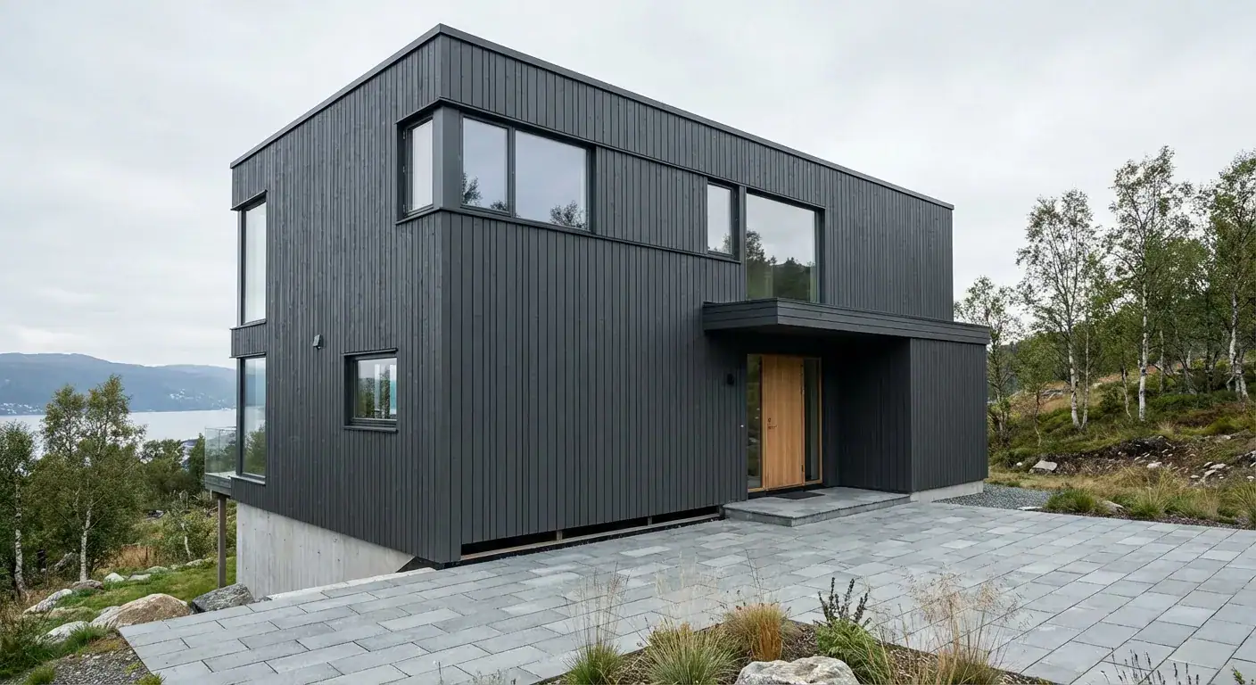 Et moderne trehus i Bergen med nymalt kledning og arkitektoniske detaljer som viser god lufting bak fasaden