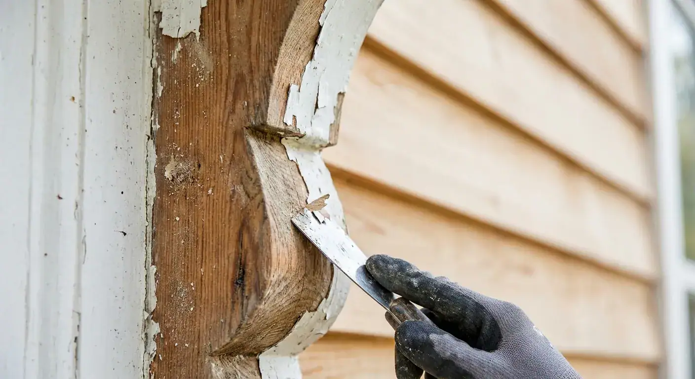 En faglært håndverker som forsiktig skraper av gammel maling fra en utskåret tredetalj på en fasade