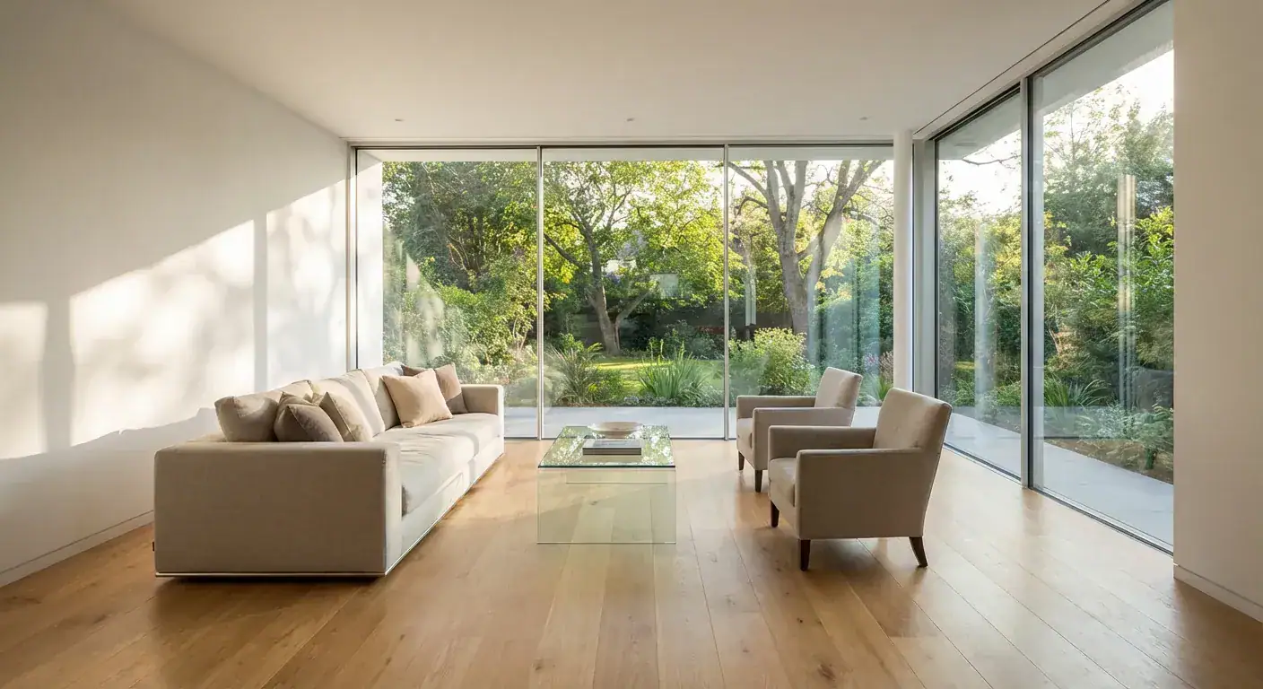 Et moderne stueinteriør med store, rene glassflater som slipper inn naturlig lys og viser utsikt over en hage
