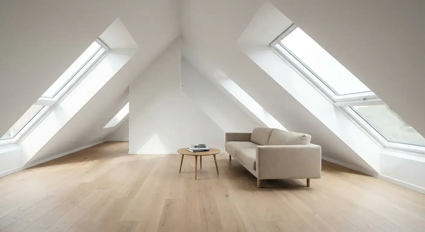 Et lyst og nyoppusset loft med store takvinduer som slipper inn mye dagslys og viser en moderne stueflate