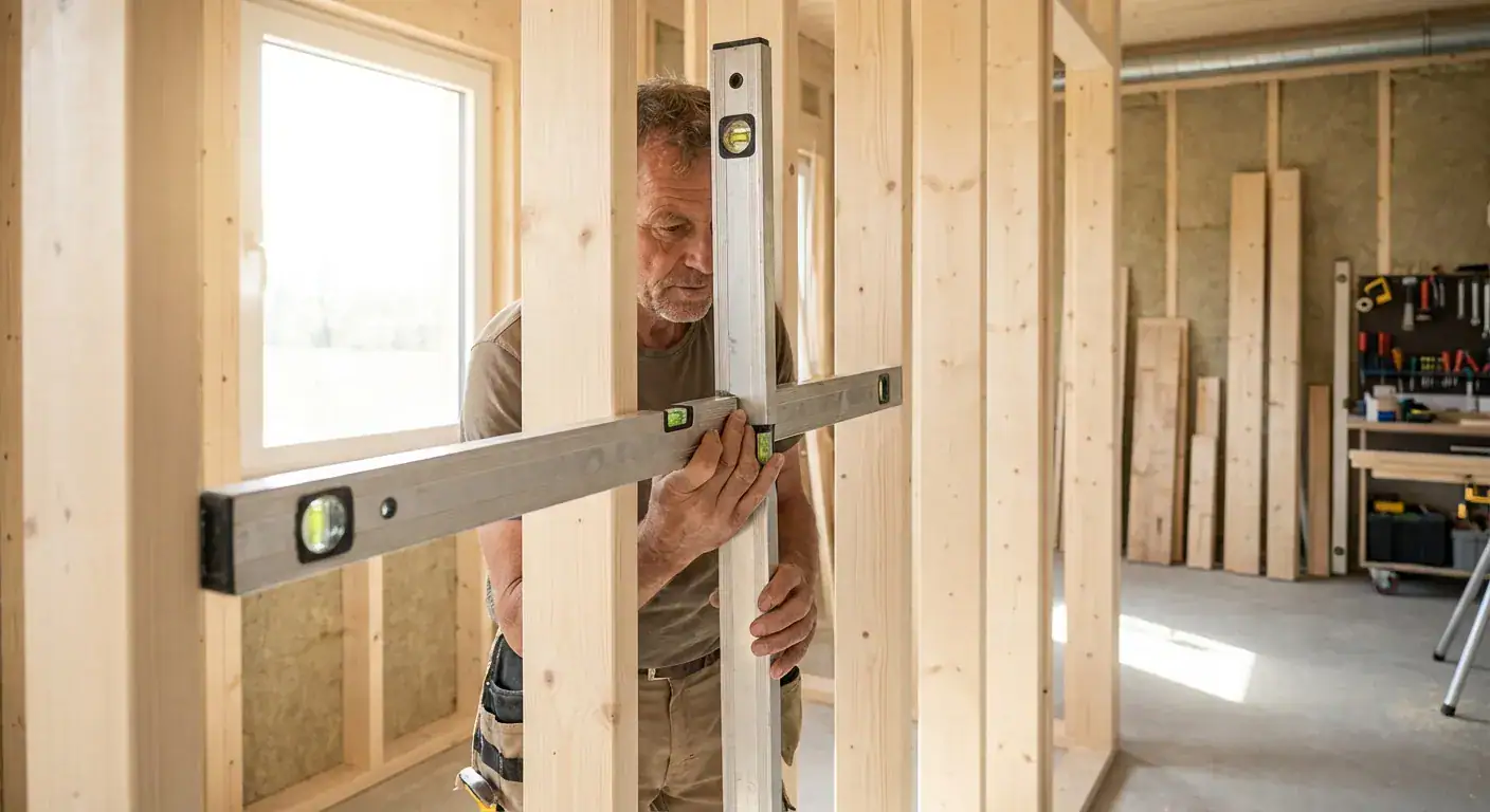 En erfaren tømrer som bruker vater og presisjonsverktøy for å sikre at en ny vegg er perfekt loddrett