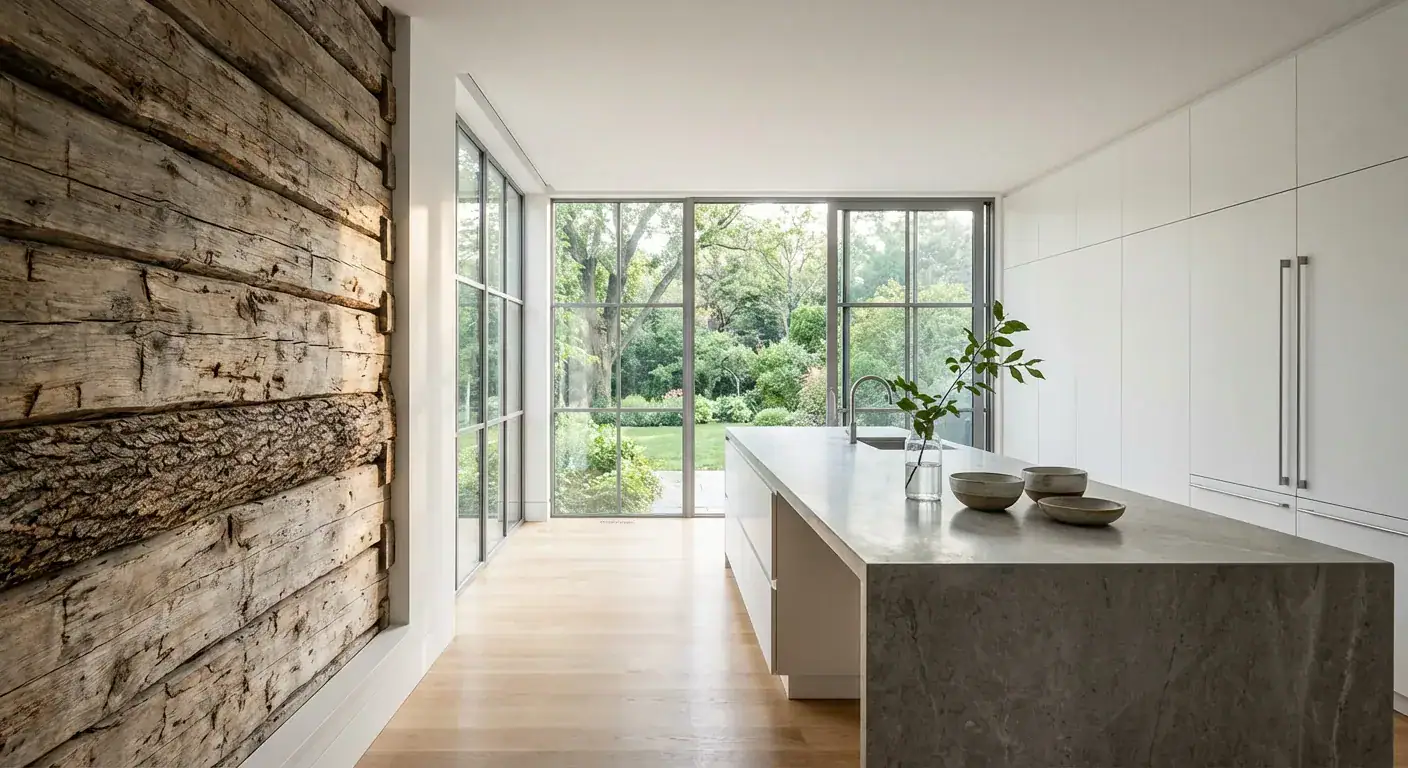 Et lyst og moderne kjøkken med synlige originale tømmervegger og store vinduer ut mot en hage