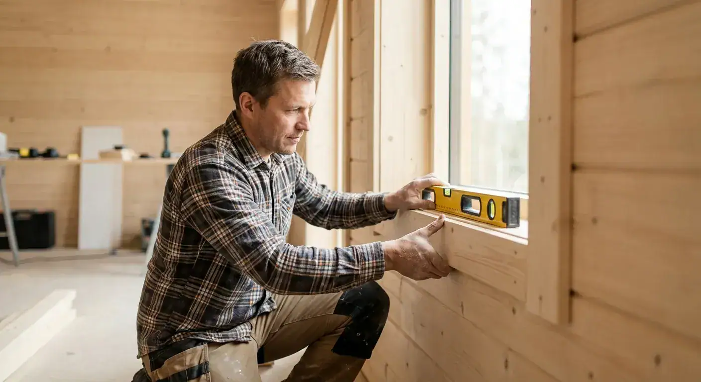 En profesjonell tømrer som nøye vaterer opp en vinduskarm i en moderne trevegg