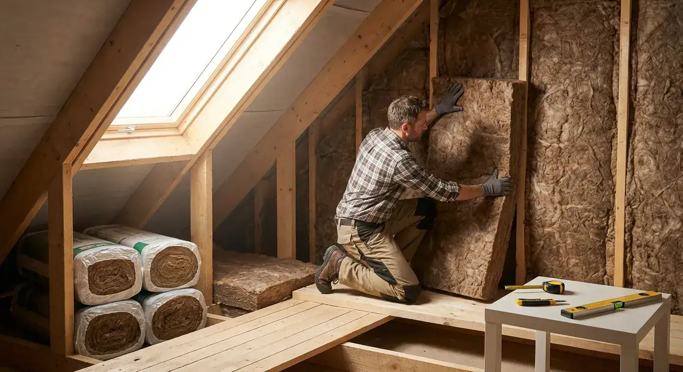 En tømrer i arbeid med å isolere taket på et loft, med fokus på presisjon og tette skjøter
