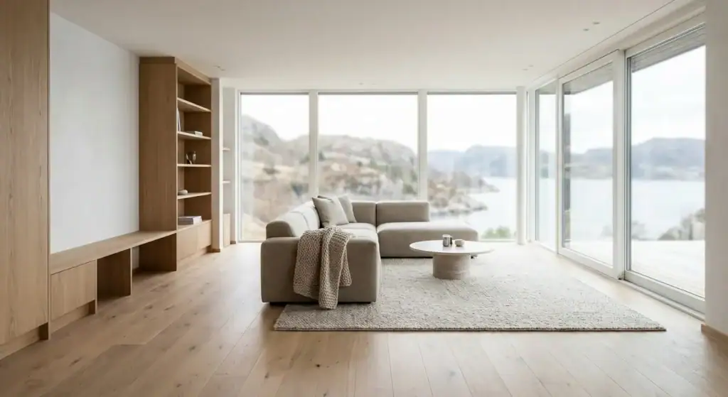 Lys og moderne stue med store vinduer som gir utsikt over fjorden, komfortabel sofa og minimalistisk innredning, perfekt for oppussing i Bergen.