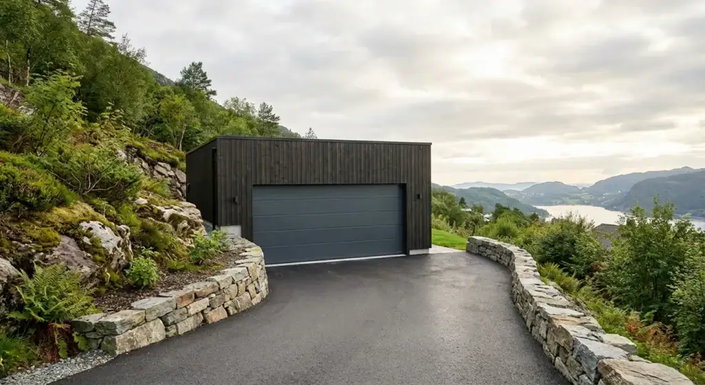 En stilren, svart garasje med automatisert dør, plassert på en bratt, asfaltert vei med naturskjønn utsikt over fjell og vann i Bergen. Perfekt for oppussing og moderne bolig.