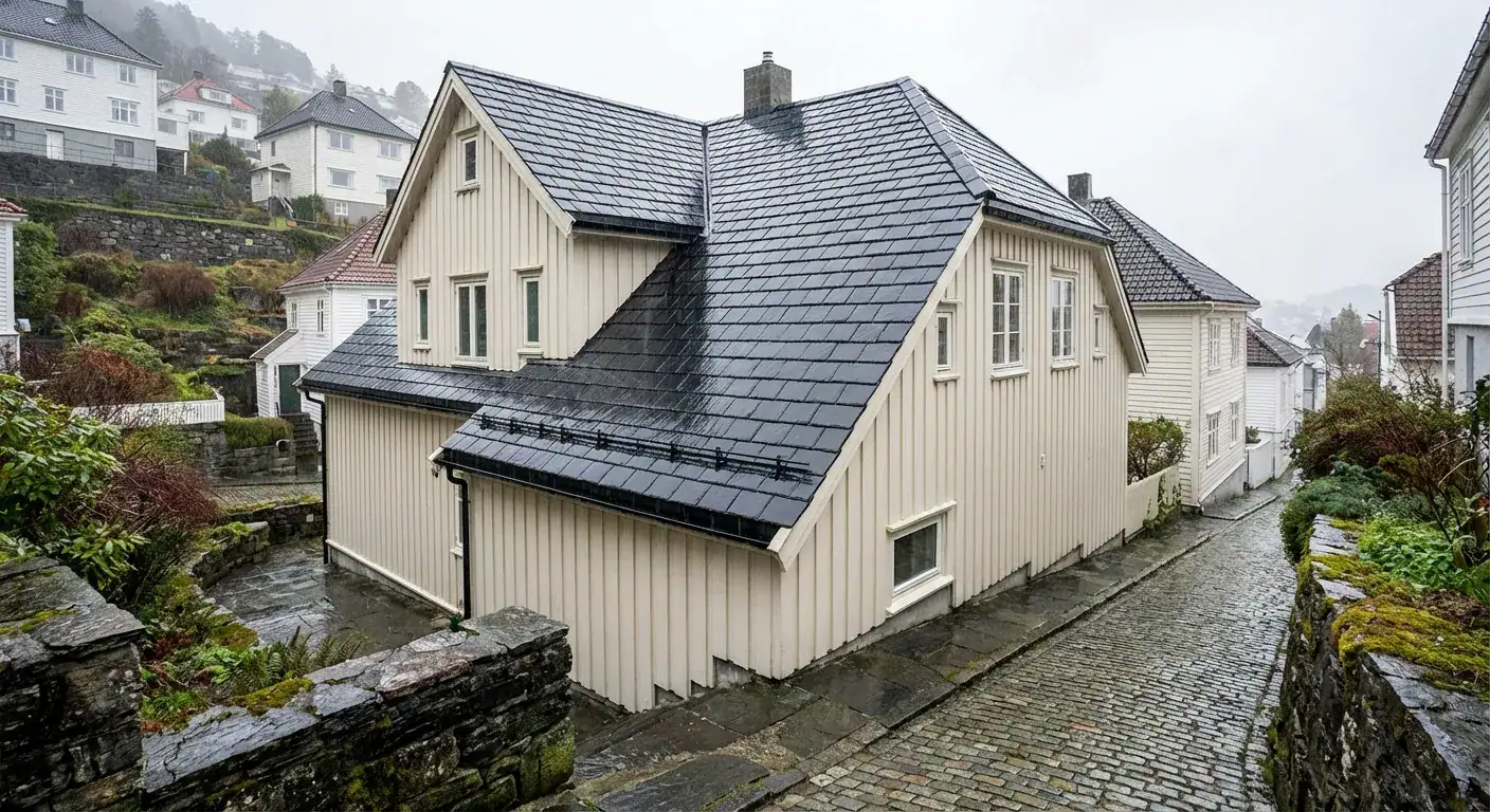 Et oversiktsbilde av et klassisk bergenshus med ny, mørk takstein i et regnfullt nabolag