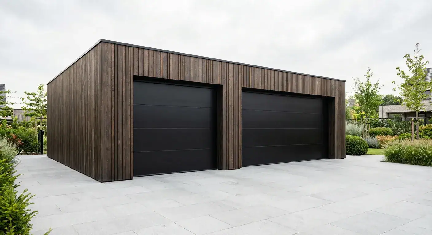 En moderne dobbelgarasje med mørk trekledning og en stilig sort garasjeport plassert i en velstelt gårdsplass
