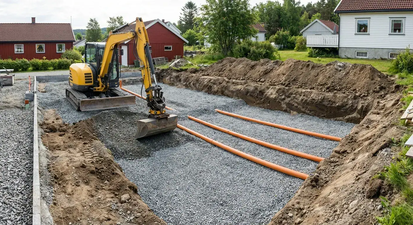 En gravemaskin som klargjør grunnen for en garasje med pukk og dreneringsrør synlig i bunnen