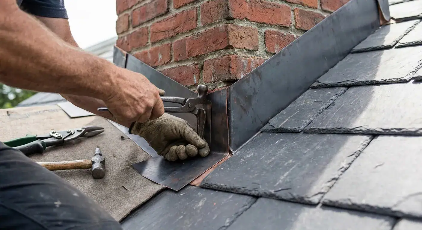 En profesjonell tømrer som monterer beslag rundt en pipe med millimeterpresisjon