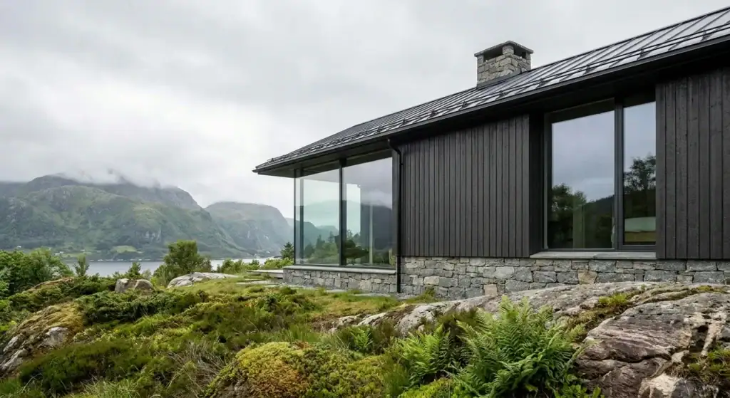 Moderne hytte i Bergen med store vinduer som viser fjordutsikt, omgitt av natur og fjell, perfekt for oppussing og renovering.