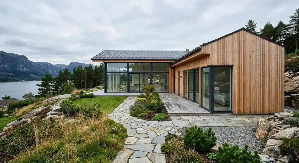 Moderne hytte i Bergen med store glassvinduer, trefasade og utsikt over fjorden, omgitt av natur og fjell, perfekt for oppussing og renovering.