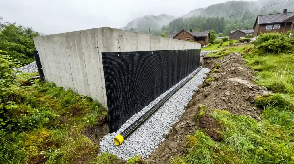 Nærbilde av utendørs fundamentarbeid for oppussing i Bergen, med betongvegg og dreneringsrør i grønt landskap.