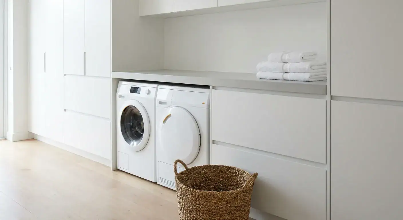Et lyst og moderne vaskerom med vaskemaskin og tørketrommel bygget opp i ergonomisk høyde med hvite skap